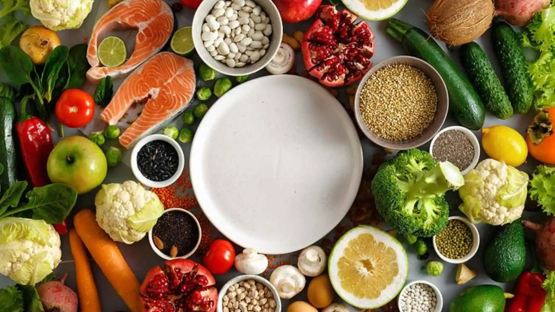 A variety of healthy food including fish and vegtables